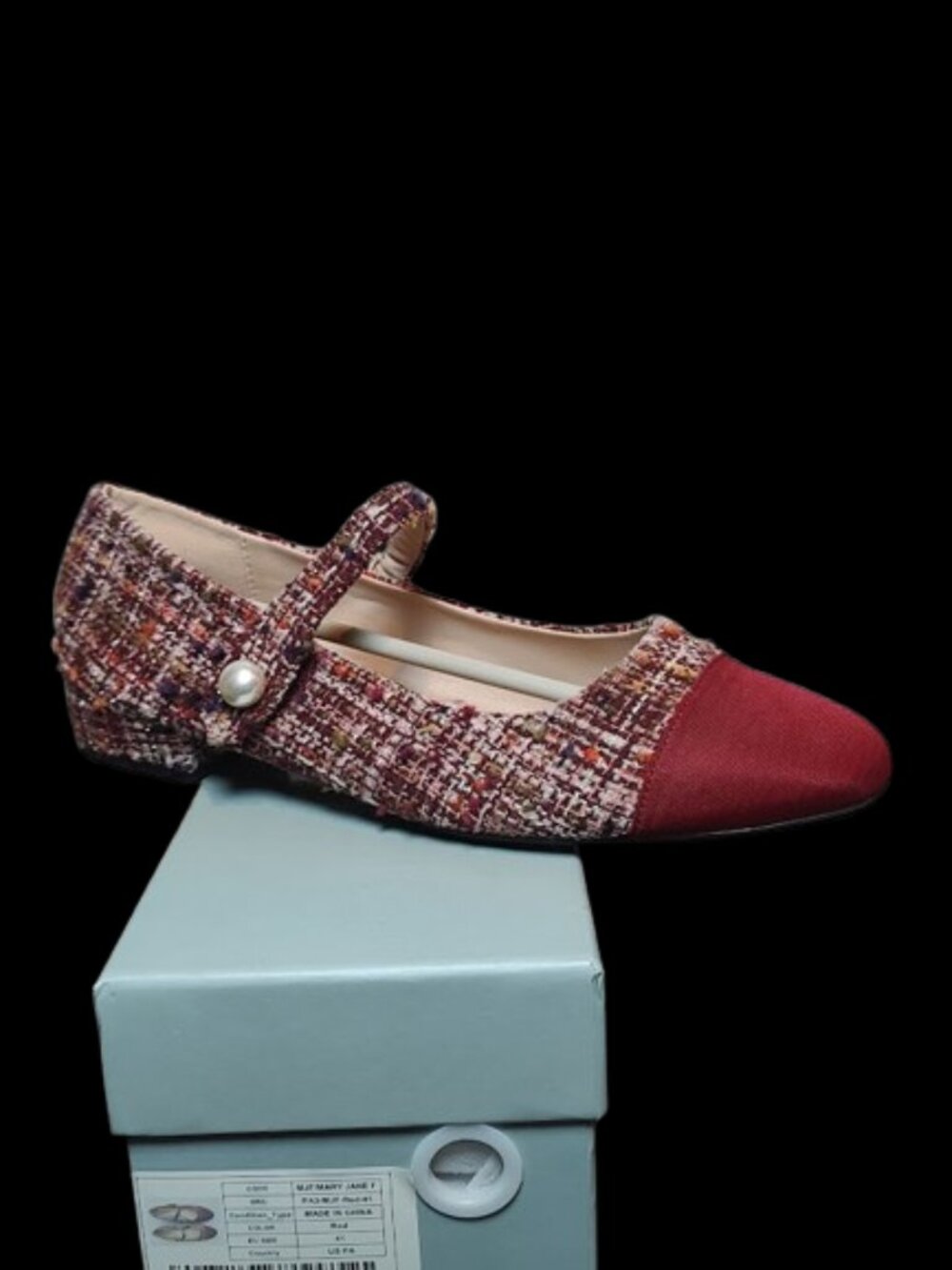 C.Paravano Red Tweed Mary Jane Flats Pearl Accent Cap Toe Ballet Women’s Size 10